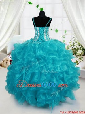 Sleeveless Lace Up Floor Length Beading and Ruffles Little Girls Pageant Dress