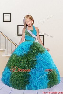 Best Halter Top Sleeveless Floor Length Beading and Ruffles Lace Up Kids Formal Wear with Baby Blue and Green