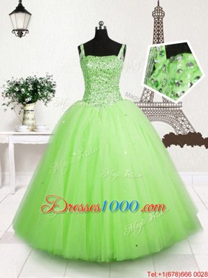 Sequins Apple Green Sleeveless Tulle Lace Up Kids Formal Wear for Party and Wedding Party