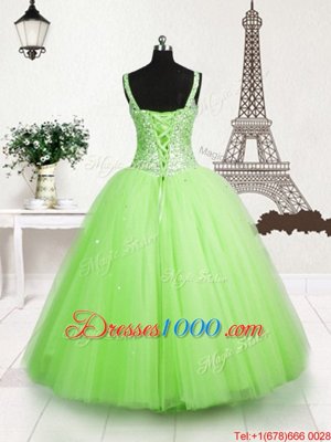 Sequins Apple Green Sleeveless Tulle Lace Up Kids Formal Wear for Party and Wedding Party