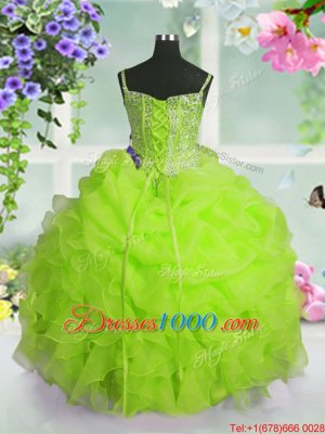 Excellent Pick Ups Floor Length Ball Gowns Sleeveless Yellow Green Little Girl Pageant Gowns Lace Up