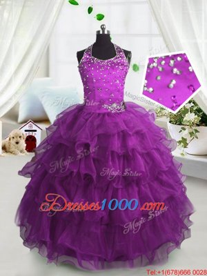 Eye-catching Scoop Floor Length Lace Up Pageant Gowns For Girls Fuchsia and In for Party and Wedding Party with Beading and Ruffled Layers