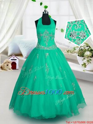 Halter Top Floor Length Lace Up Pageant Gowns For Girls Green and In for Party and Wedding Party with Appliques