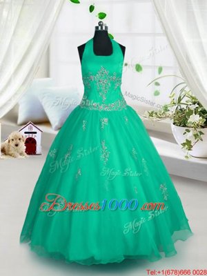 Halter Top Floor Length Lace Up Pageant Gowns For Girls Green and In for Party and Wedding Party with Appliques