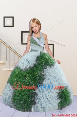 Halter Top Green and Light Blue Fabric With Rolling Flowers Lace Up Little Girl Pageant Gowns Sleeveless Floor Length Beading and Ruffles