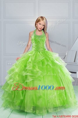Unique Halter Top Sleeveless Floor Length Beading and Ruching Lace Up Kids Pageant Dress with Apple Green