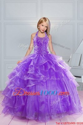 Lavender Ball Gowns Organza Halter Top Sleeveless Beading and Ruffles Floor Length Lace Up Kids Pageant Dress