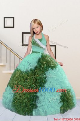 Halter Top Floor Length Lace Up Teens Party Dress Aqua Blue and In for Party and Wedding Party with Beading and Ruffles