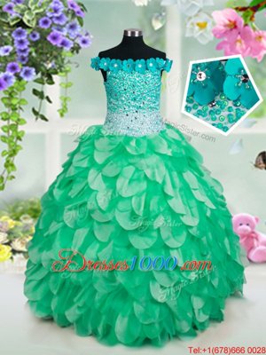 Fashionable Off the Shoulder Green Sleeveless Floor Length Beading and Hand Made Flower Lace Up Little Girls Pageant Gowns