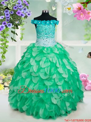 Fashionable Off the Shoulder Green Sleeveless Floor Length Beading and Hand Made Flower Lace Up Little Girls Pageant Gowns