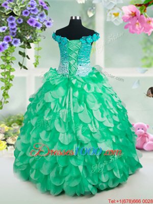 Fashionable Off the Shoulder Green Sleeveless Floor Length Beading and Hand Made Flower Lace Up Little Girls Pageant Gowns