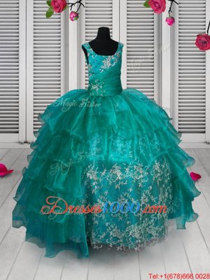 Ruffled Ball Gowns Kids Formal Wear Turquoise Straps Organza Sleeveless Floor Length Lace Up
