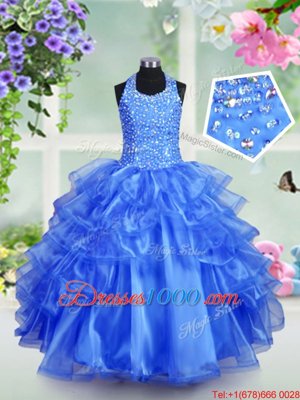 Halter Top Royal Blue Ball Gowns Beading and Ruffled Layers Party Dress for Girls Lace Up Organza Sleeveless Floor Length