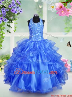 Halter Top Royal Blue Ball Gowns Beading and Ruffled Layers Party Dress for Girls Lace Up Organza Sleeveless Floor Length