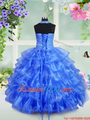 Halter Top Royal Blue Ball Gowns Beading and Ruffled Layers Party Dress for Girls Lace Up Organza Sleeveless Floor Length