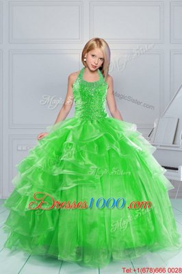 Halter Top Green Sleeveless Organza Lace Up Little Girls Pageant Gowns for Party and Wedding Party