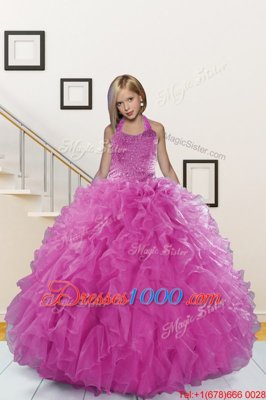 Halter Top Beading and Ruffles Casual Dresses Pink Lace Up Sleeveless Floor Length