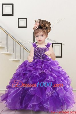 Sleeveless Floor Length Beading and Ruffles Lace Up Little Girls Pageant Dress Wholesale with Purple