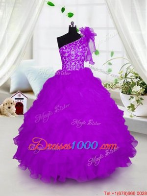 One Shoulder Floor Length Ball Gowns Short Sleeves Fuchsia Little Girl Pageant Dress Lace Up