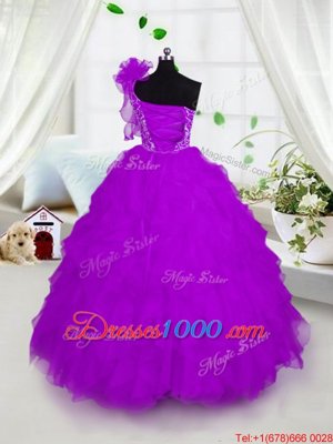 One Shoulder Floor Length Ball Gowns Short Sleeves Fuchsia Little Girl Pageant Dress Lace Up