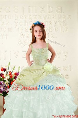 Beauteous Apple Green Ball Gowns Organza Straps Sleeveless Appliques and Pick Ups Floor Length Lace Up Pageant Gowns For Girls