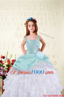 Fashion Aqua Blue Organza Lace Up Straps Sleeveless Floor Length Party Dress Beading and Ruffled Layers and Hand Made Flower