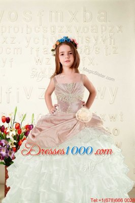 Peach Child Pageant Dress Military Ball and Sweet 16 and Quinceanera and For with Beading and Ruffled Layers and Hand Made Flower Straps Sleeveless Lace Up