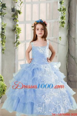Floor Length Baby Blue Kids Formal Wear Organza Long Sleeves Lace and Ruffled Layers