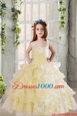 Best Sleeveless Lace Up Floor Length Lace and Ruffled Layers Little Girls Pageant Gowns