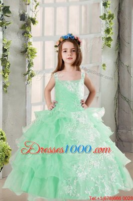 Stunning Lace and Ruffled Layers Pageant Gowns For Girls Turquoise Lace Up Sleeveless Floor Length