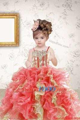 Floor Length Multi-color Juniors Party Dress Organza Sleeveless Beading and Ruffles and Sequins