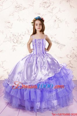 High Class Lavender Lace Up Little Girls Pageant Gowns Embroidery and Ruffled Layers Sleeveless Floor Length
