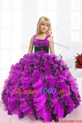 Fuchsia Ball Gowns Beading and Ruffles Little Girls Pageant Dress Wholesale Lace Up Organza Sleeveless Floor Length