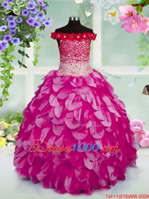 Off the Shoulder Beading and Hand Made Flower Kids Formal Wear Fuchsia Lace Up Sleeveless Floor Length