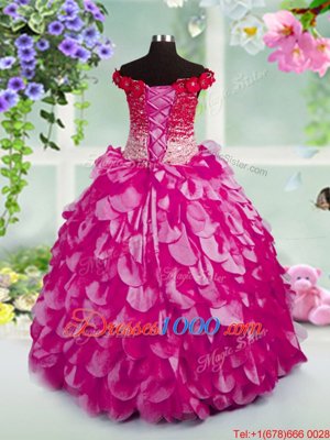 Off the Shoulder Beading and Hand Made Flower Kids Formal Wear Fuchsia Lace Up Sleeveless Floor Length