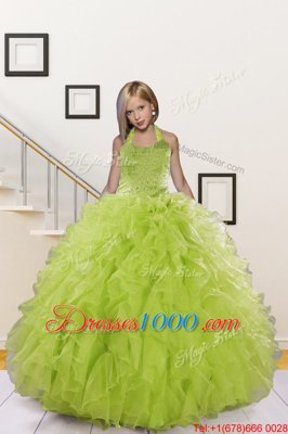 New Arrival Halter Top Sleeveless Lace Up Floor Length Beading and Ruffles Little Girls Pageant Dress