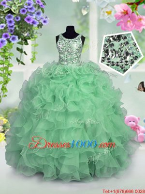 Graceful Scoop Sleeveless Floor Length Ruffles and Sequins Zipper Pageant Gowns For Girls with Apple Green