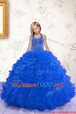 Enchanting Royal Blue Halter Top Lace Up Beading and Ruffles Casual Dresses Sleeveless