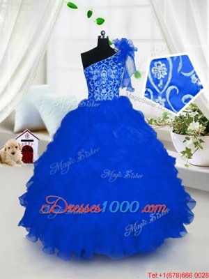Popular One Shoulder Sleeveless Lace Up Floor Length Embroidery and Ruffles Little Girl Pageant Dress