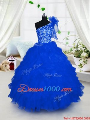 Popular One Shoulder Sleeveless Lace Up Floor Length Embroidery and Ruffles Little Girl Pageant Dress