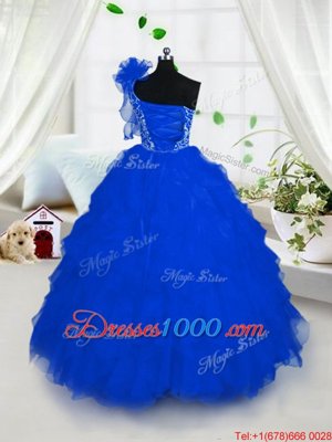 Popular One Shoulder Sleeveless Lace Up Floor Length Embroidery and Ruffles Little Girl Pageant Dress