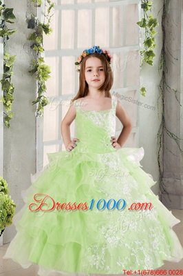 Perfect Yellow Green Ball Gowns Organza Square Sleeveless Lace and Ruffled Layers Floor Length Lace Up Kids Pageant Dress