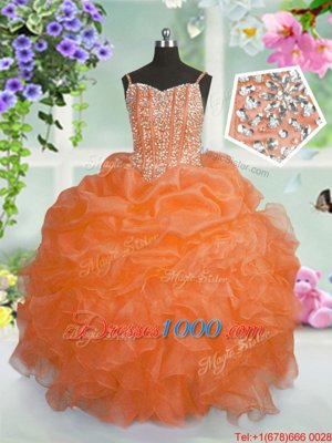 Pretty Orange Spaghetti Straps Neckline Beading and Ruffles and Pick Ups Party Dress for Girls Sleeveless Lace Up