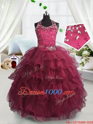 Affordable Scoop Sleeveless Little Girls Pageant Dress Wholesale Floor Length Beading and Ruffled Layers Watermelon Red Organza