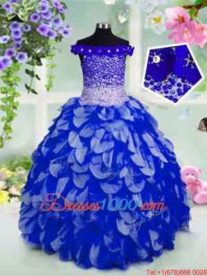Off the Shoulder Royal Blue Sleeveless Beading and Hand Made Flower Floor Length Pageant Gowns For Girls