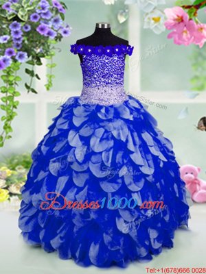 Off the Shoulder Royal Blue Sleeveless Beading and Hand Made Flower Floor Length Pageant Gowns For Girls