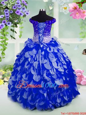 Off the Shoulder Royal Blue Sleeveless Beading and Hand Made Flower Floor Length Pageant Gowns For Girls