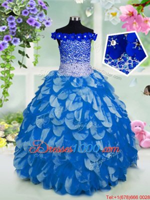 Beautiful Off the Shoulder Short Sleeves Beading and Sashes|ribbons and Sequins Lace Up Girls Pageant Dresses