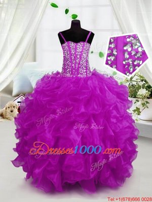 Hot Sale Sleeveless Floor Length Beading and Ruffles Lace Up Pageant Gowns For Girls with Hot Pink