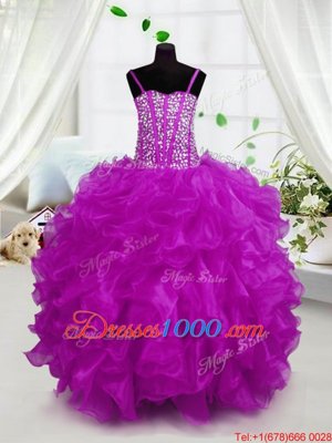 Hot Sale Sleeveless Floor Length Beading and Ruffles Lace Up Pageant Gowns For Girls with Hot Pink